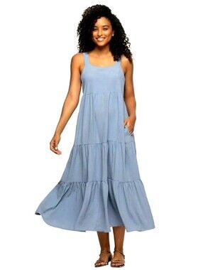 NWT Black Bow Tiered Sleveless Maxi Dress. Light Blue. Pockets. Size M.